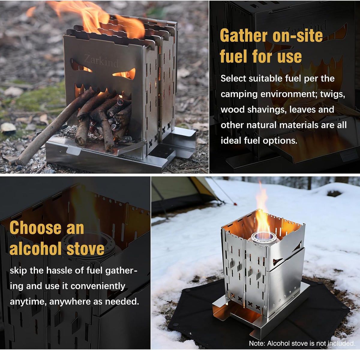 Zarkind Survival Stove for Camping Cooking - Portable Stainless Steel Foldable Wood Burning Camp Stove
