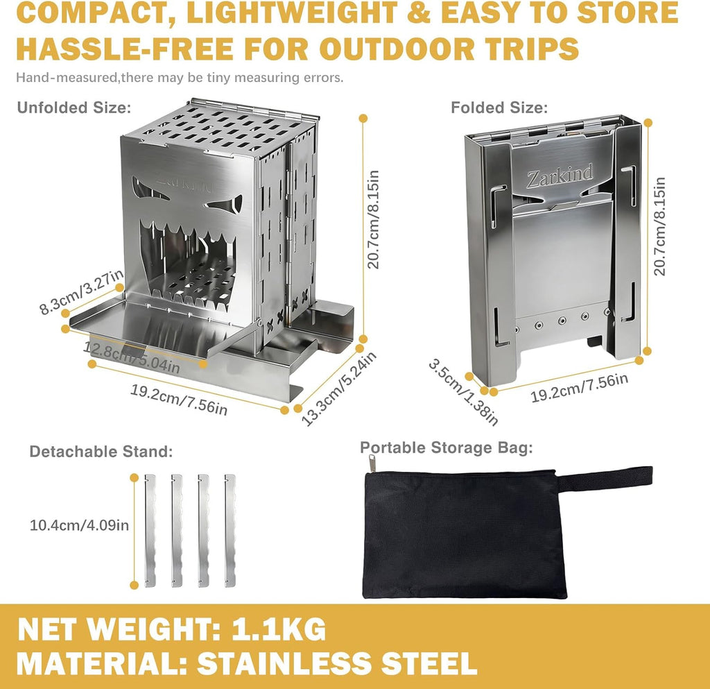 Zarkind Survival Stove for Camping Cooking - Portable Stainless Steel Foldable Wood Burning Camp Stove
