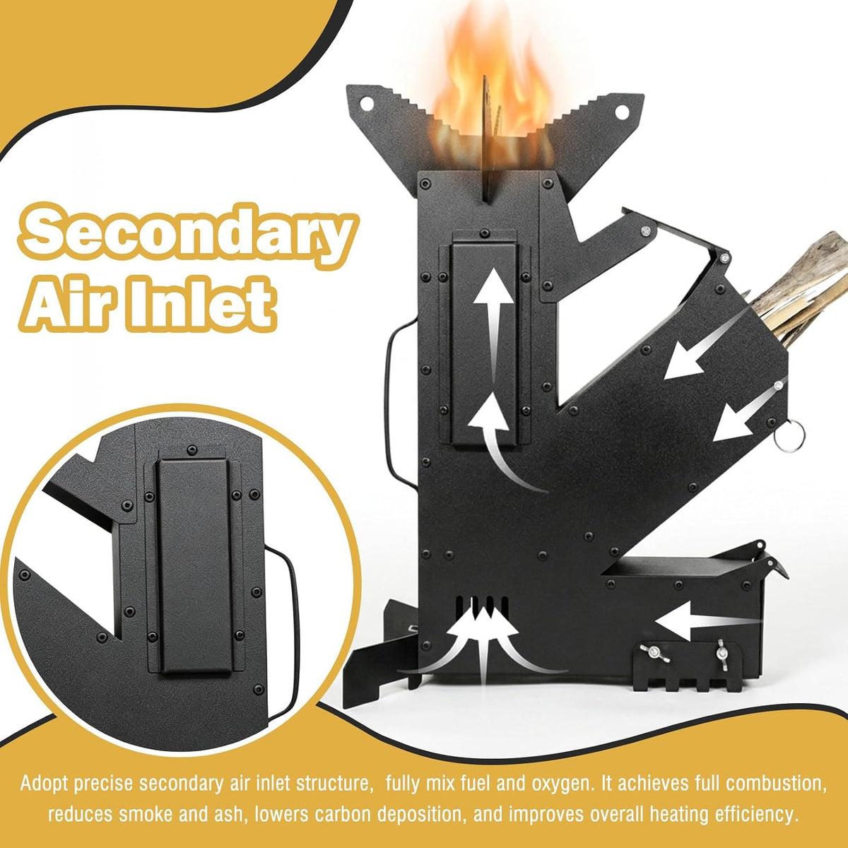 Zarkind Smokeless Rocket Stove with Secondary Combustion - Portable Camping Wood Stove with Ash Drawer & Detachable Legs