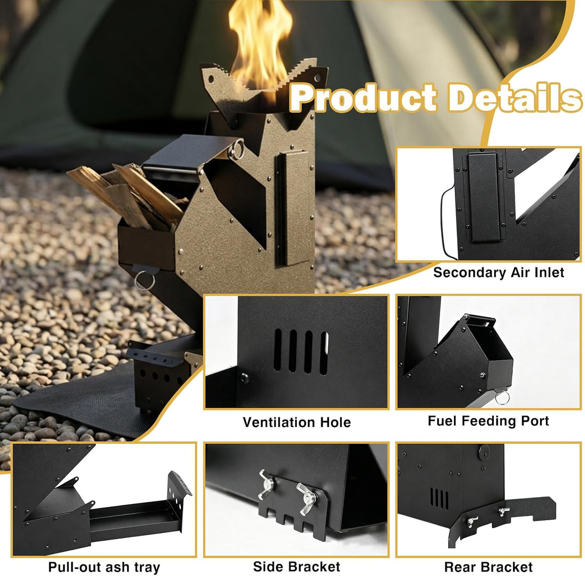 Zarkind Smokeless Rocket Stove with Secondary Combustion - Portable Camping Wood Stove with Ash Drawer & Detachable Legs