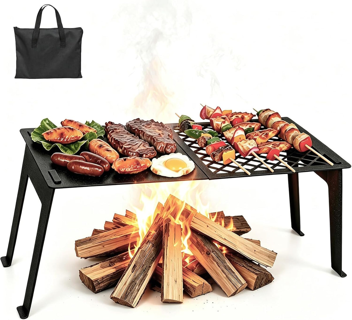Zarkind Campfire Grill Grate with Flat Griddle & Steel Mesh Panel - Heavy Duty Folding Fire Pit Grill with Bag