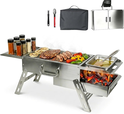Zarkind Portable Tabletop Charcoal Grill - Foldable Stainless Steel Mini BBQ Grill with Carry Bag