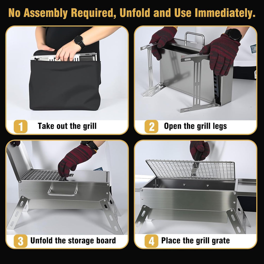 Zarkind Portable Tabletop Charcoal Grill - Foldable Stainless Steel Mini BBQ Grill with Carry Bag