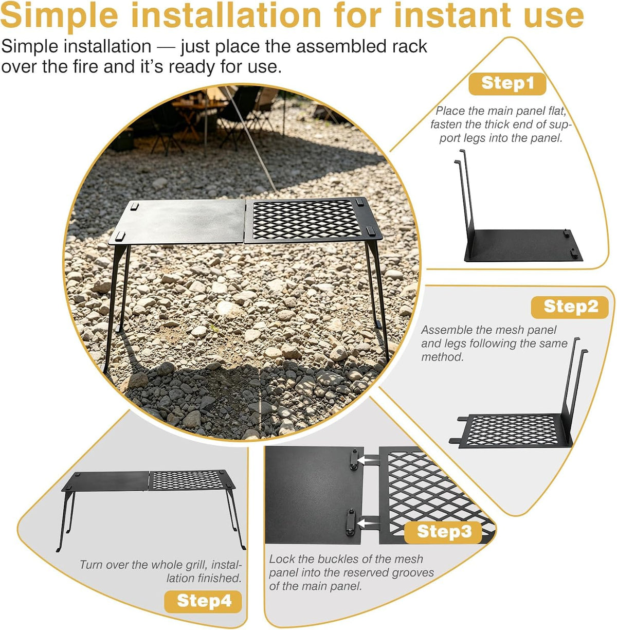 Zarkind Campfire Grill Grate with Flat Griddle & Steel Mesh Panel - Heavy Duty Folding Fire Pit Grill with Bag