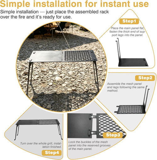 Zarkind Campfire Grill Grate with Flat Griddle & Steel Mesh Panel - Heavy Duty Folding Fire Pit Grill with Bag