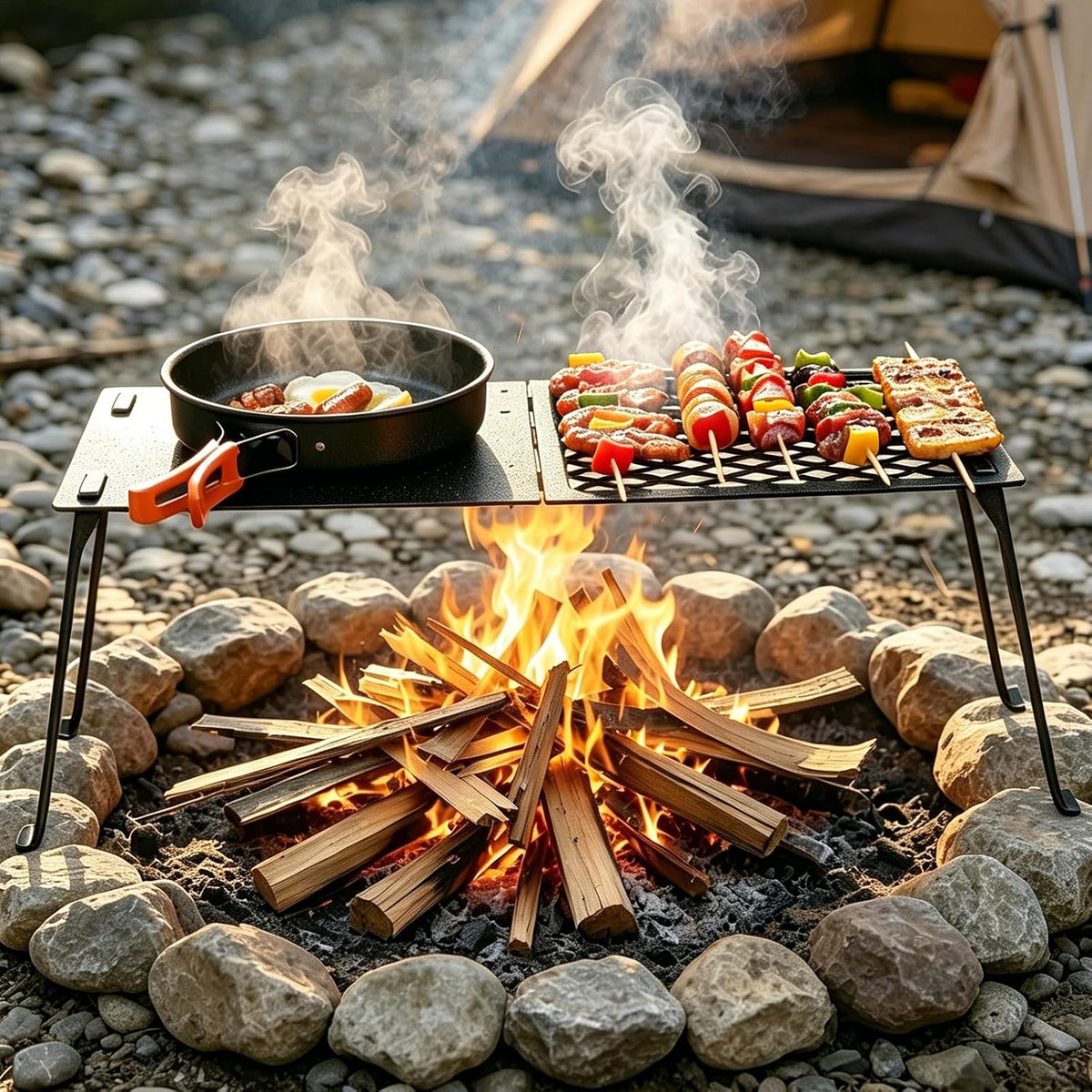 Zarkind Campfire Grill Grate with Flat Griddle & Steel Mesh Panel - Heavy Duty Folding Fire Pit Grill with Bag