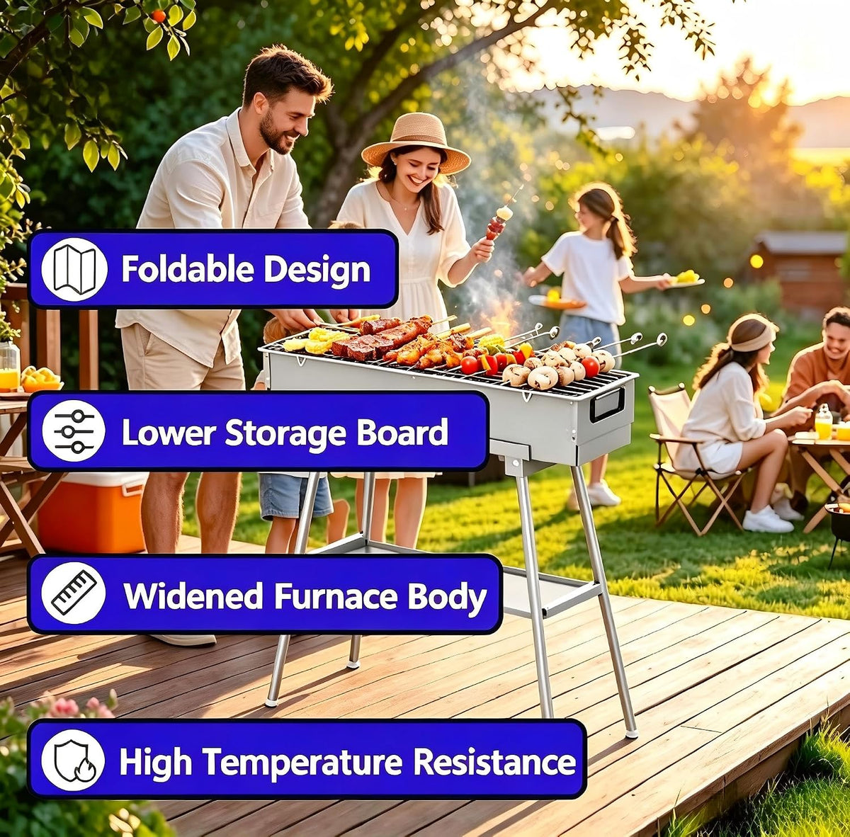Portable Charcoal Grill for Skewers, Kebabs & Yakitori - Stainless Steel Foldable BBQ Grill