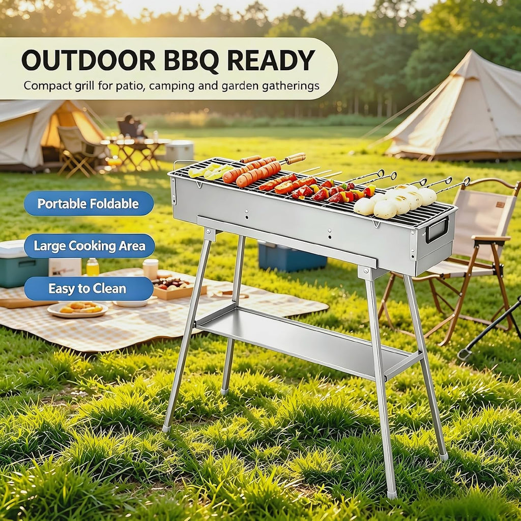 Portable Charcoal Grill for Skewers, Kebabs & Yakitori - Stainless Steel Foldable BBQ Grill