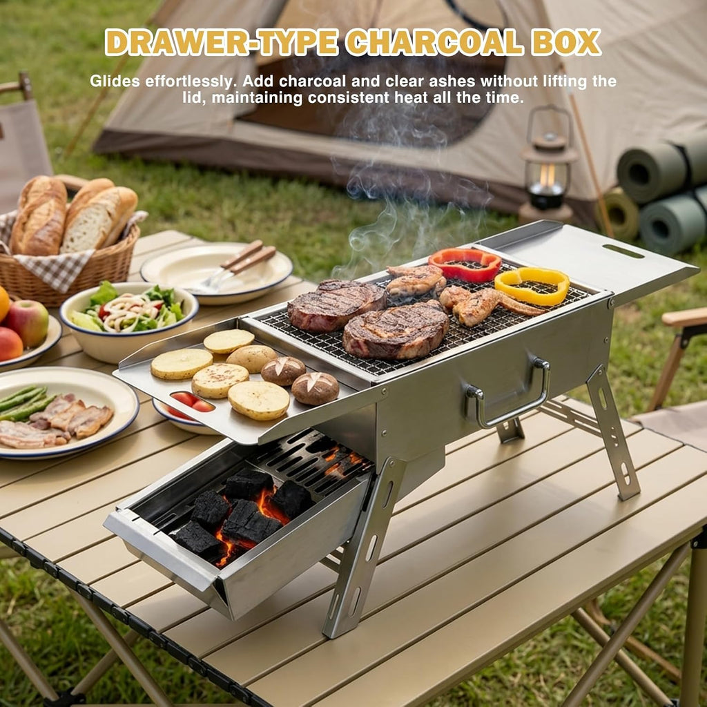 Zarkind Portable Tabletop Charcoal Grill - Foldable Stainless Steel Mini BBQ Grill with Carry Bag