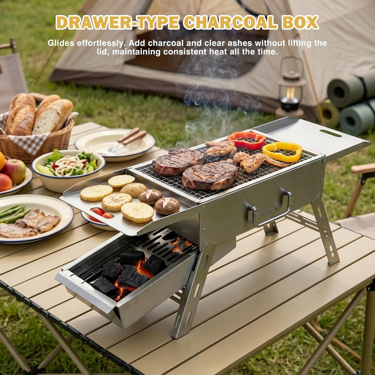 Zarkind Portable Tabletop Charcoal Grill - Foldable Stainless Steel Mini BBQ Grill with Carry Bag