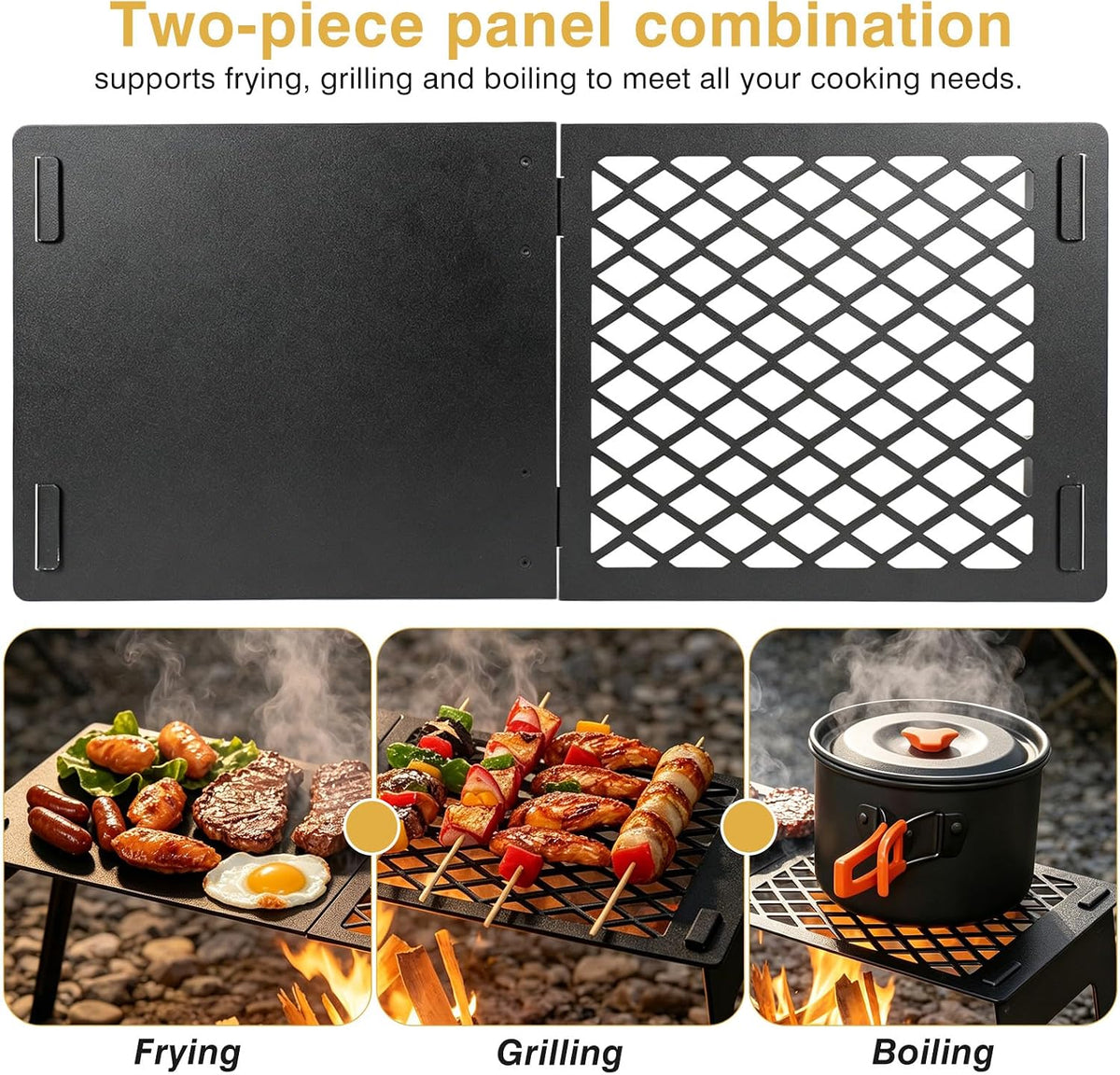 Zarkind Campfire Grill Grate with Flat Griddle & Steel Mesh Panel - Heavy Duty Folding Fire Pit Grill with Bag