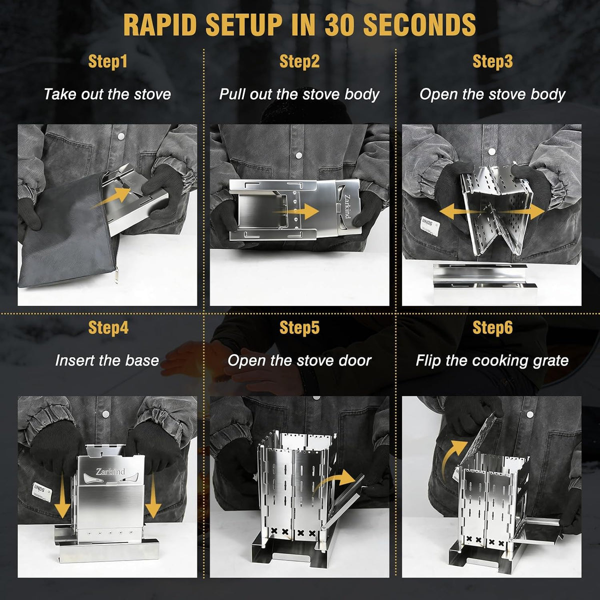 Zarkind Survival Stove for Camping Cooking - Portable Stainless Steel Foldable Wood Burning Camp Stove