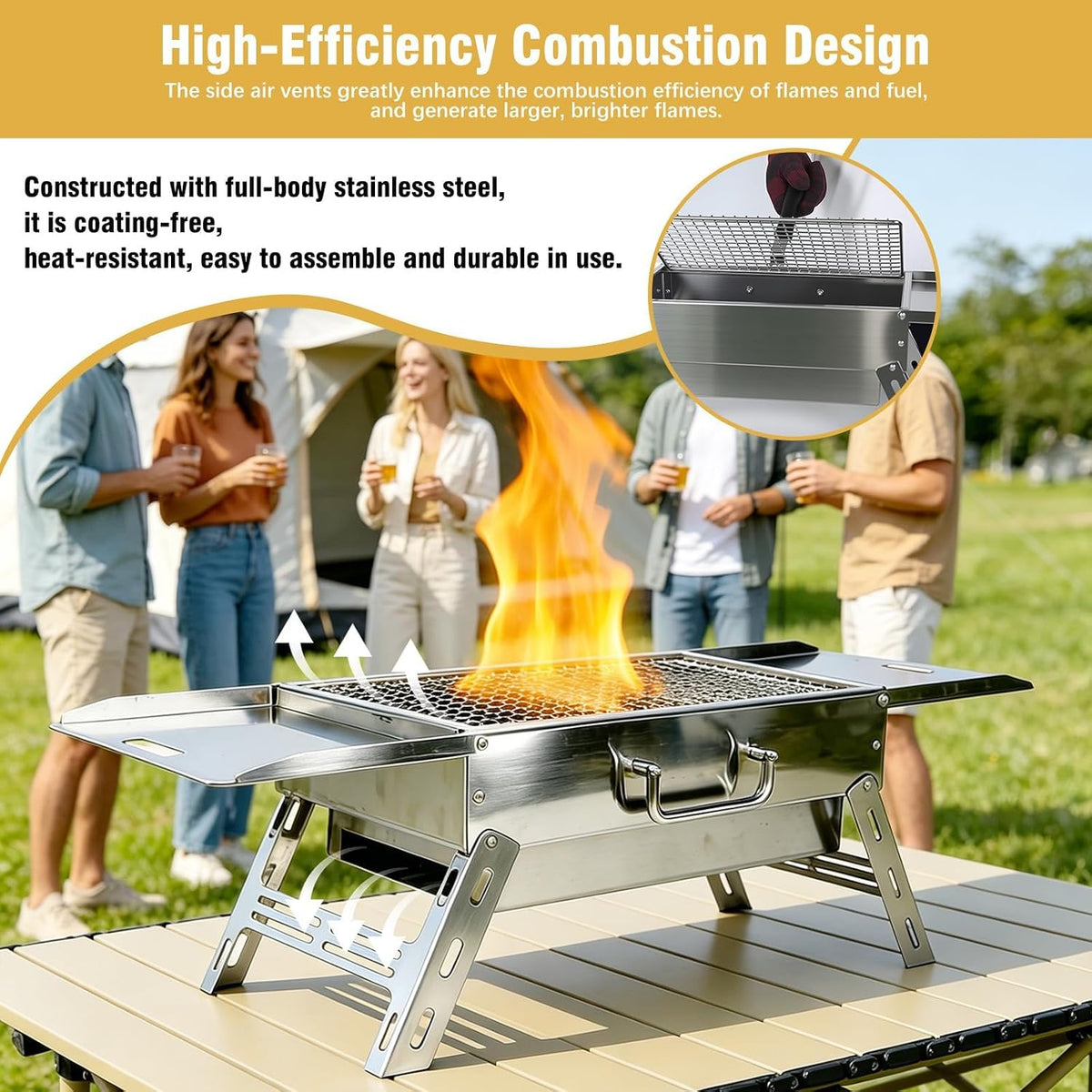 Zarkind Portable Tabletop Charcoal Grill - Foldable Stainless Steel Mini BBQ Grill with Carry Bag