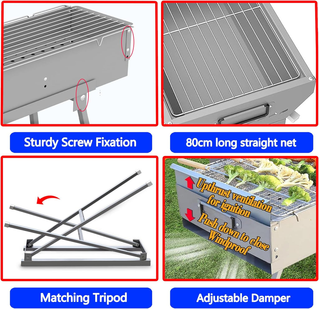Portable Charcoal Grill for Skewers, Kebabs & Yakitori - Stainless Steel Foldable BBQ Grill